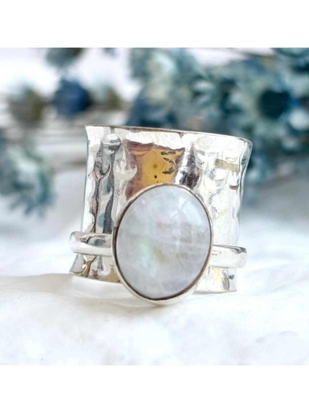 Moonstone Hammered Chunky Band Spinner Sterling Silver 925 Vintage Ring sz 2.75